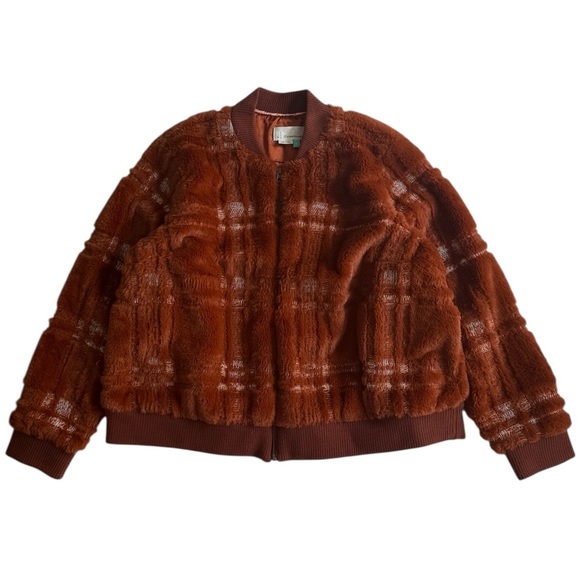 Anthropologie Plaid Teddy Bomber Jacket Sz 1X Rust Brown Fuzzy Zip Up Plush Coat - Picture 2 of 13